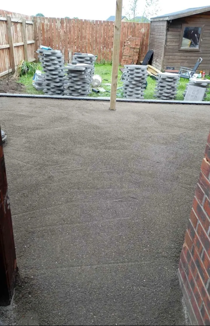 Patio Base Preparation in Waterford City Prepared base with pallets of paving stacked for a patio in Waterford City